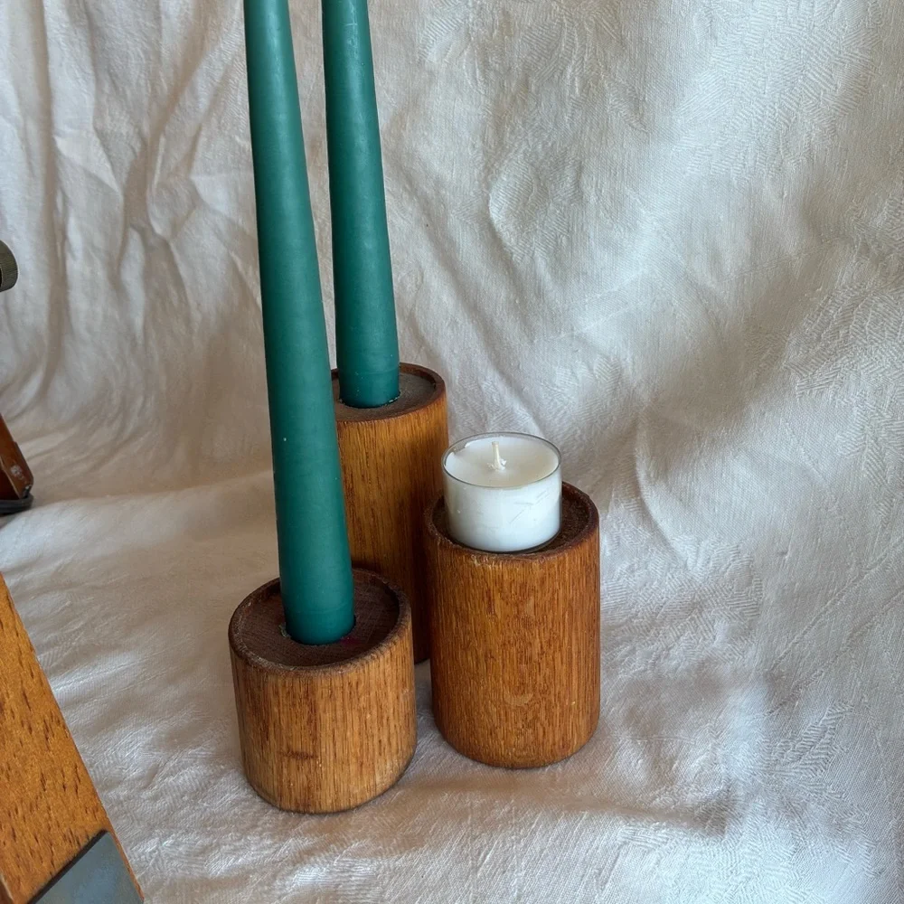 Set Teak Candle Holders Danish Tapers Votives Tea Light Candles all Sizes Fit
